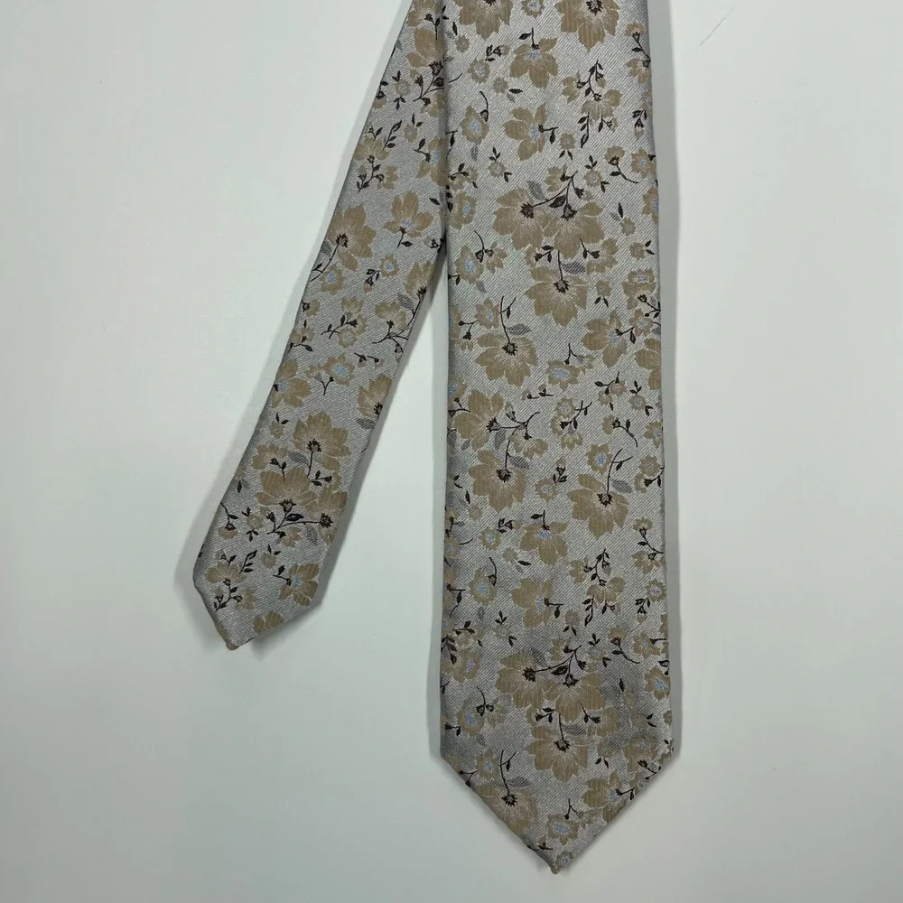 Pronto Uomo Silver Tan Floral Silk Blend Necktie Mens One Size